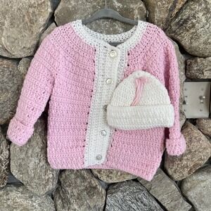 Hand Knit NEW Dark Pink  2-3t Baby Girls Cardigan sweater Button Up closure, Hat